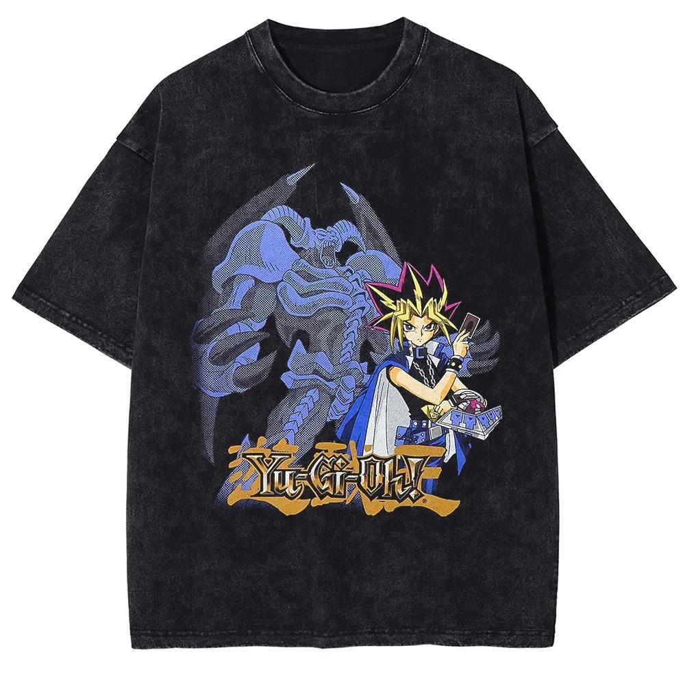 Classic Anime Yugioh Dark Magician  Manga Graphic Print T-Shirt Men Women Vintage Washed Cotton Summer New Tee Streetwear Fashion Oversized Top