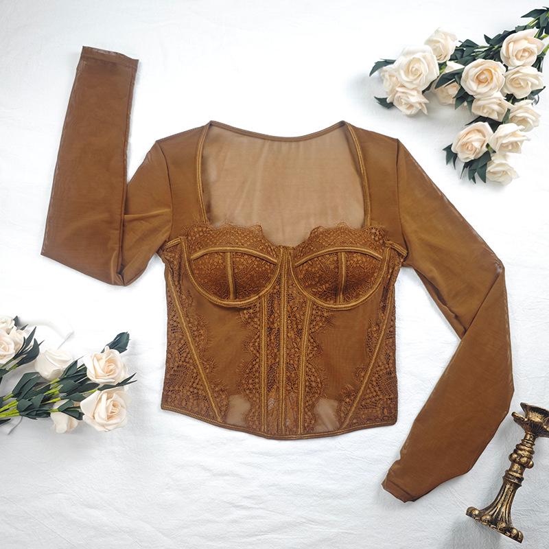 European & American Cross-Border Mesh Patchwork Lace See-Through Slimming Corset Top