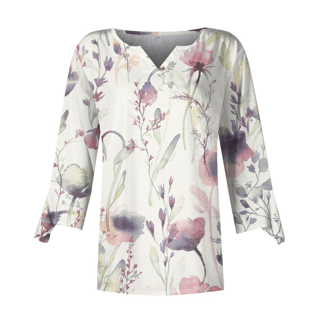 Women's Loose Casual Three-quarter Sleeves V-neck Lace Floral Print T-shirt Top