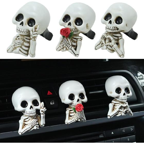 Set of 3 Halloween Skull Decor Cute Car Air Freshener Vent Clips, Resin Skeleton Holding Rose Car Diffuser Romantic Dashboard Decorations Auto