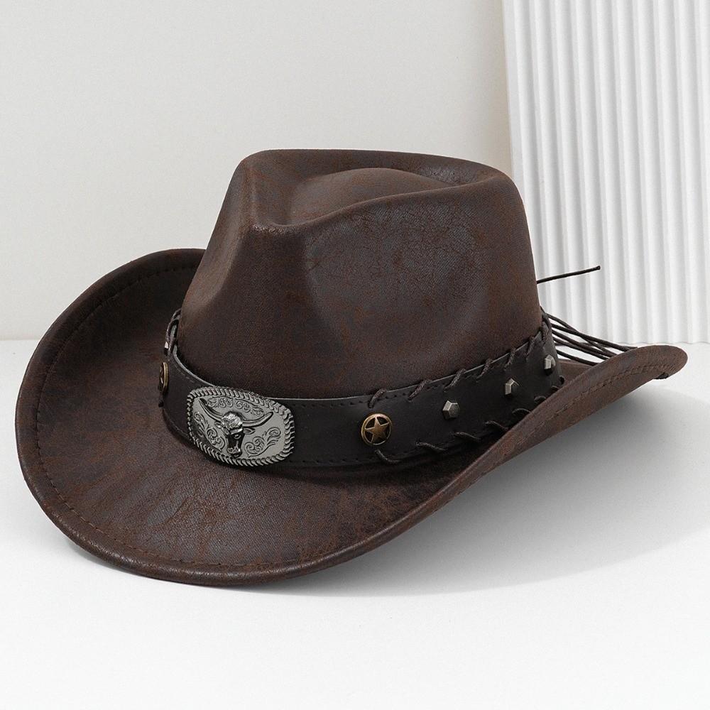 Faux Leather Cowgirl Hat Studded Bullhead Jazz Hat Trendy Sombrero Hat For Men Women