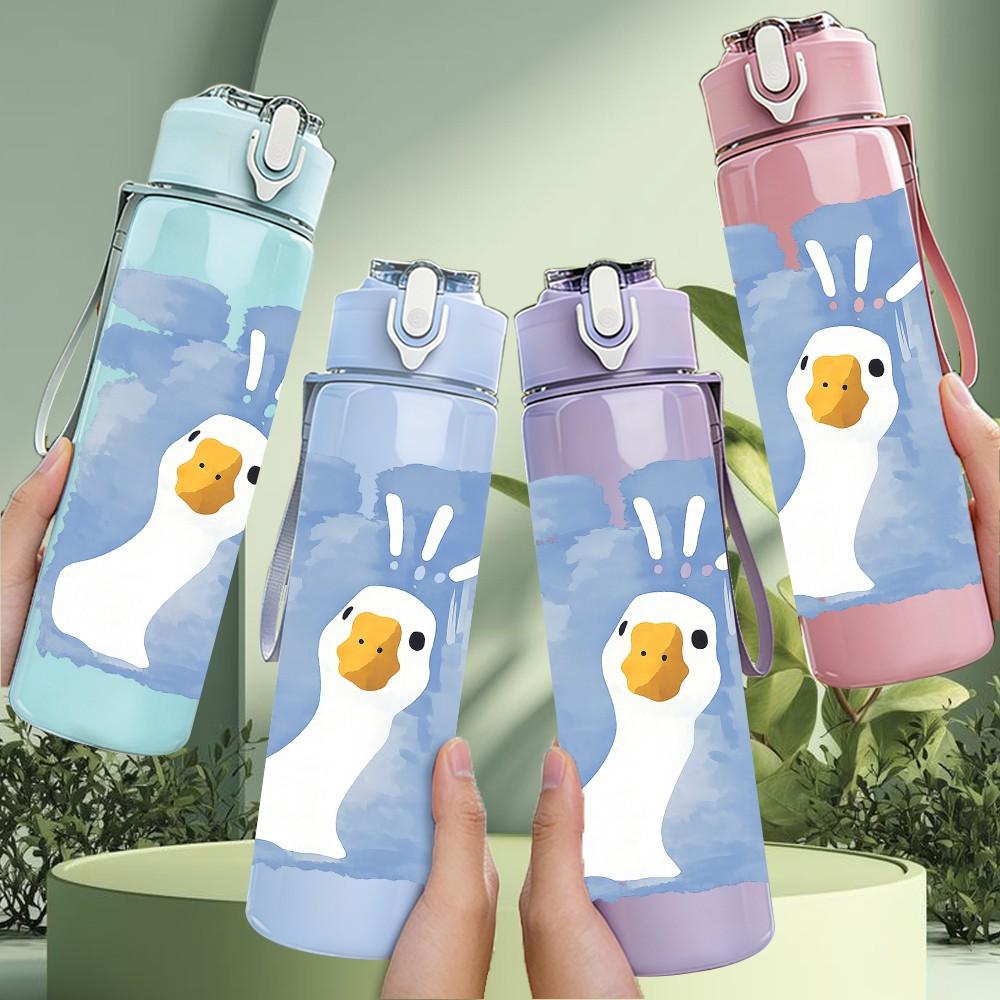 1PC White Duck Watercolor Sketch Print 750ml Color Plastic Sports Water Bottle Leakproof Flip Straw Lid Suitable for Sports Office Home Use