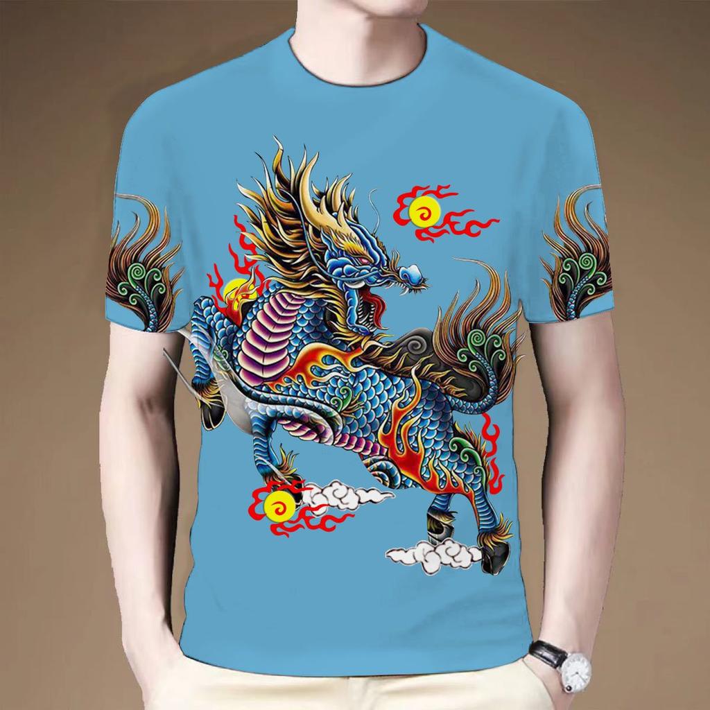 Summer 3D Printed T-shirt Retro Kirin Beast Series Men's Personalized Creative Round Neck Large Short Sleeve