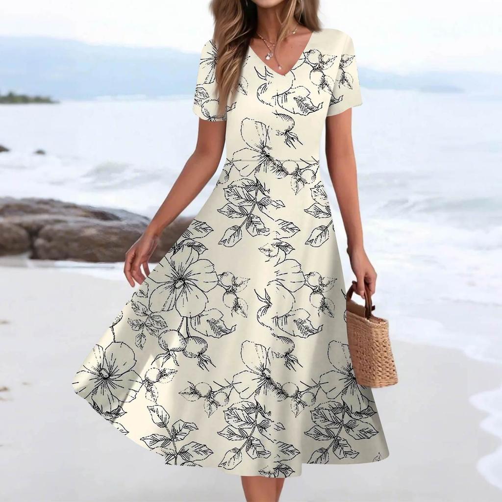 Women's Summer Casual Fashion Print Pocket Short Sleeve V-Neck Swing Dress