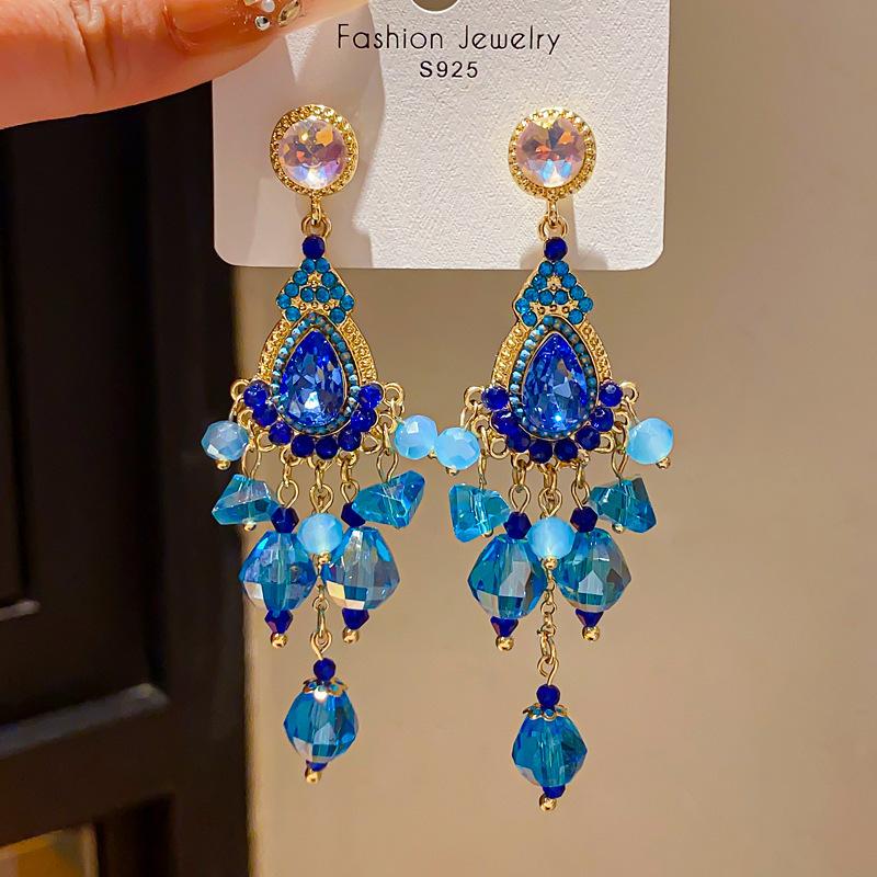 Retro Silver Needle Zircon Glass Water Drop Earrings Court Temperament Stud Earrings Personality Trend Versatile Earrings Women