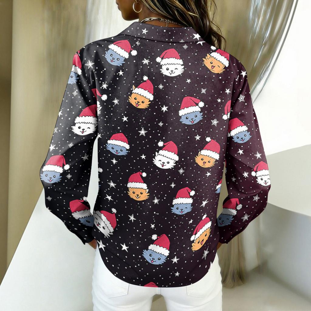 Women's Christmas Print Long Sleeve Casual Button Down Shirt Top