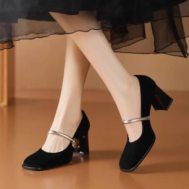 Fashion Square head frosted Mary Jane shoes for women 2025 new retro coarse single order shoes versatile leather buckle with high heels