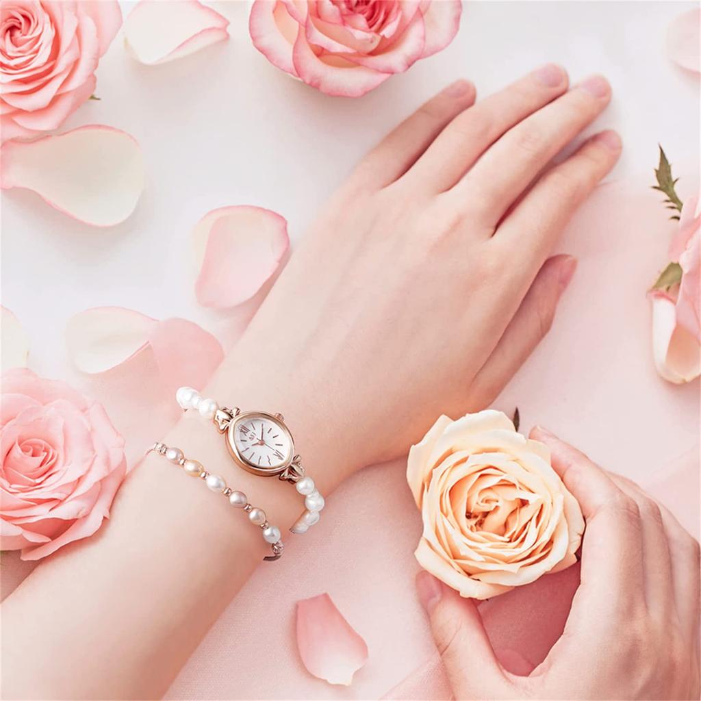 Women's 2-Piece Bracelet and Bangle Watch Set with Roman Alphabet, Analog Display, Pearl Design, and Rose Gold Accents. A Cute and Stylish Fashion