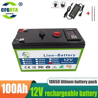 Bateria de lítio 12V 100Ah 18650 recarregável LiFePO4 para bateria de veículo elétrico de energia solar + carregador 12.6v3A