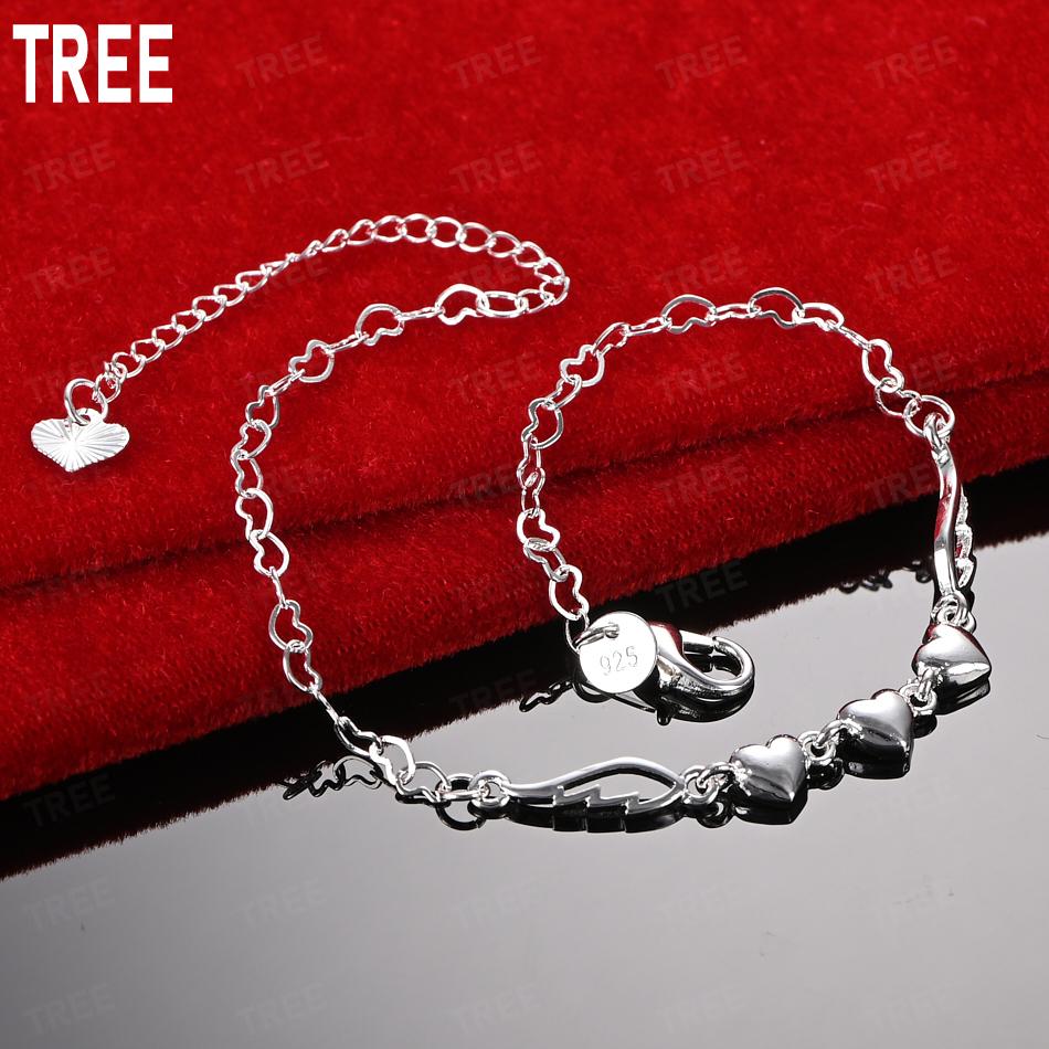 925 Sterling Silver Sweet Heart Side Chain Charming Bracelet Gift Jewelry 20CM