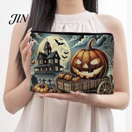 Small Toiletries Organizer Halloween Storage Bag, Large Capacity Cosmetic with Pumpkin Travel Pouch Castle Skull Print, Smooth Zipper Thickened Canvas