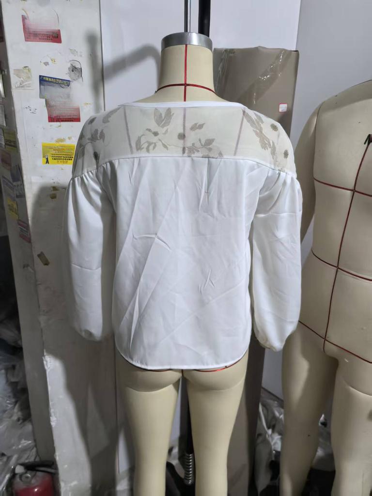 Camisa de Gasa para Mujer Ins de Manga Larga con Cuello Redondo, Retazos de Malla, Estampado Digital