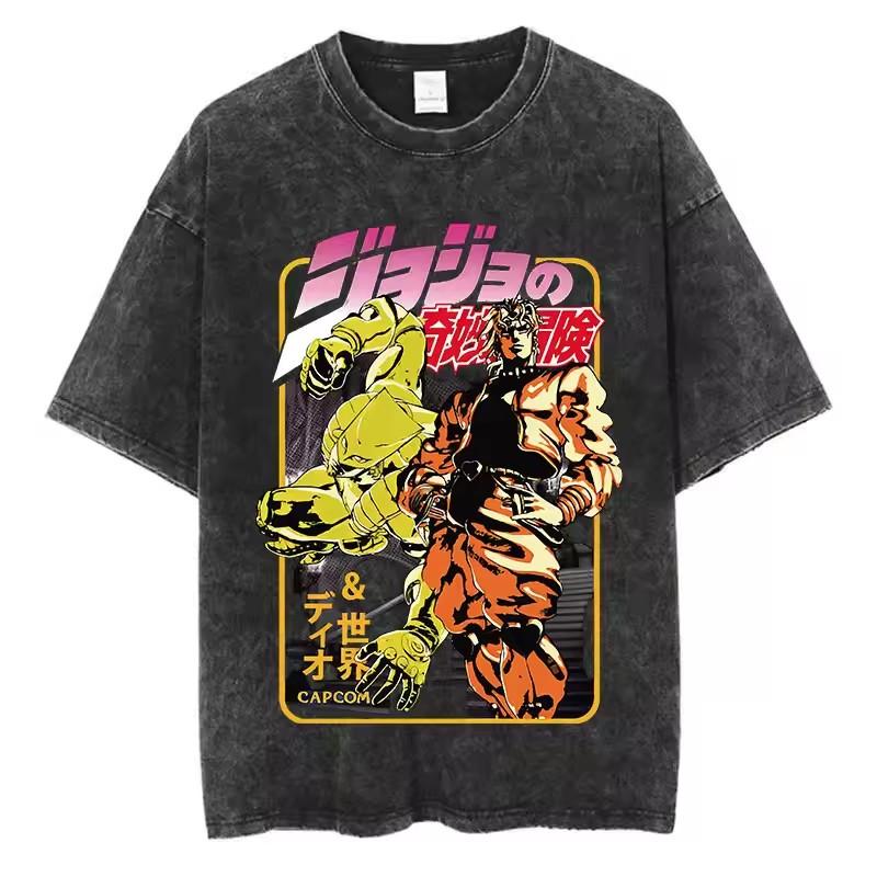Vintage Washed TShirt Men Summer Streetwear T-shirt JoJo Bizarre Adventure Anime High Quality Cotton Casual Short Sleeve Tshirt