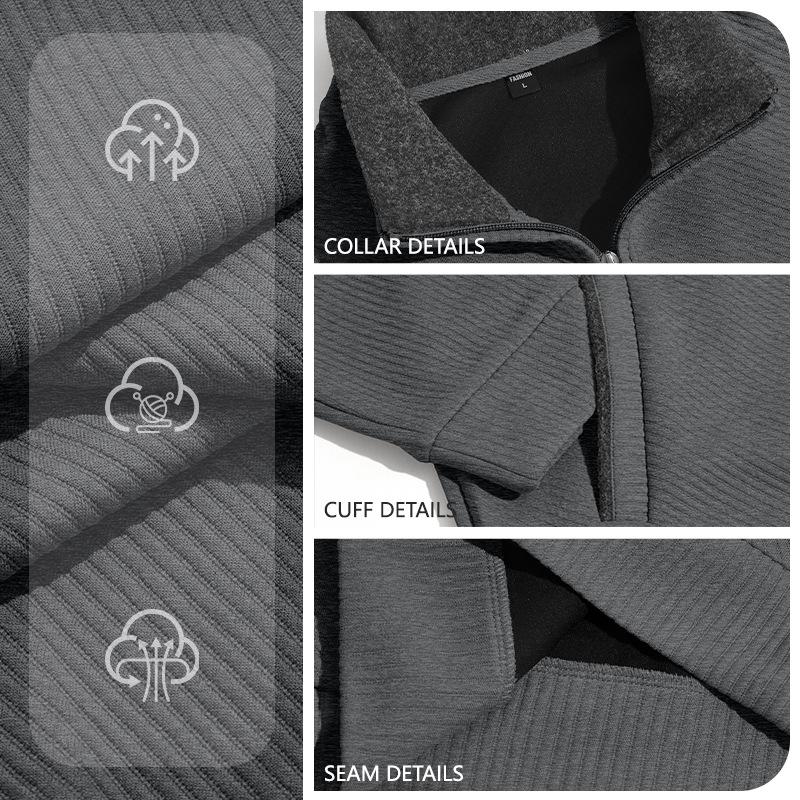 Men's Textured Jacquard Stand Collar Pullover Zip Pocket Casual Sweatshirt