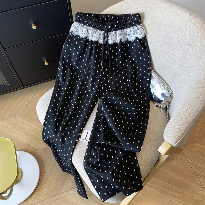 Petite Lace Polka Dot Straight-Leg Casual Pants for Women - Lazy, Loose, and Slimming Wide-Leg Style for 150cm Height