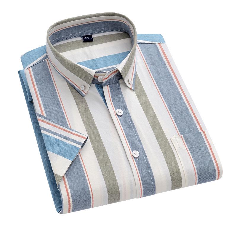 Men's Summer Striped Short-Sleeve Cotton Shirt with Turn-Down Collar