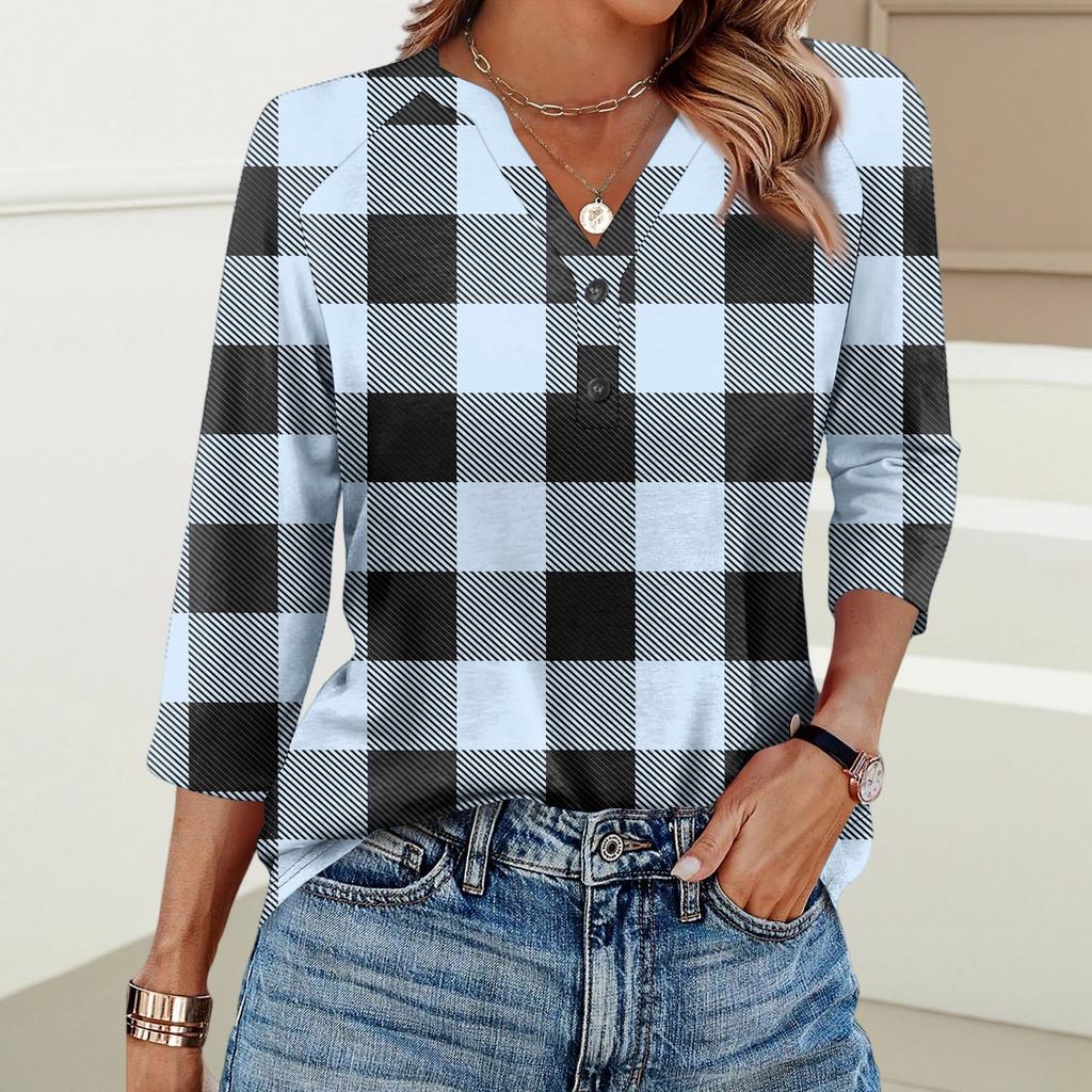 Damenmode Lässig Bedrucktes V-Ausschnitt Knopf Dreiviertelarm T-Shirt Raglanärmel Top