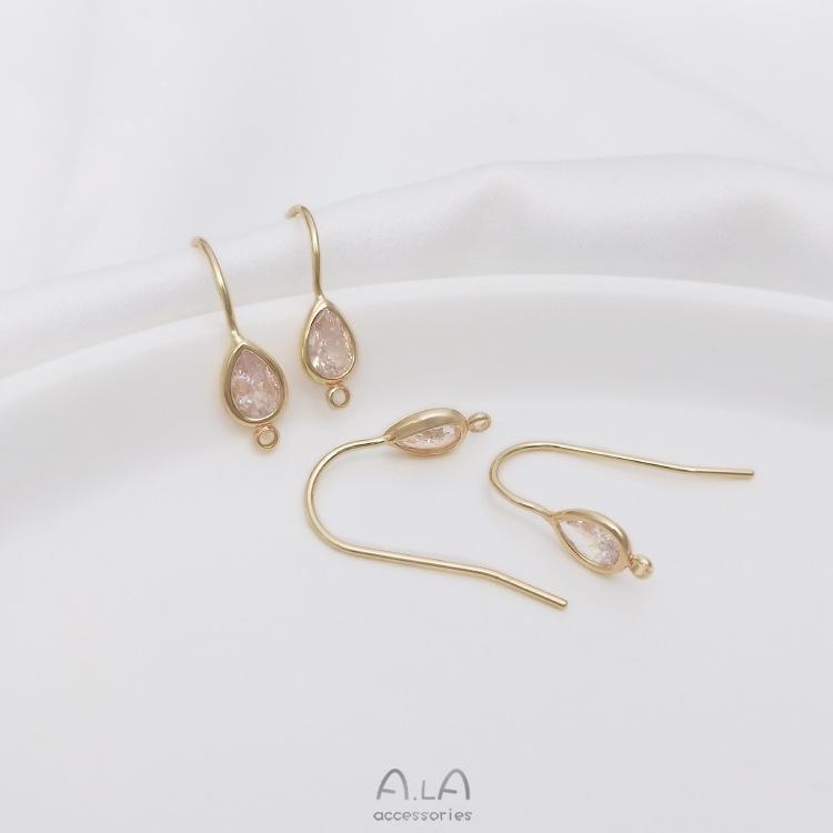 14K Gold-Filled Teardrop Zircon Oval Ear Hooks with Jump Rings for Handmade DIY Earrings
