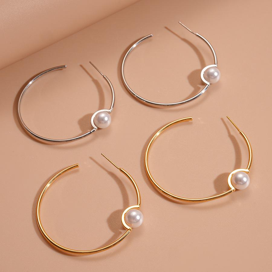 18k real gold electroplated silver needle imitation pearl geometric round earrings simple earrings