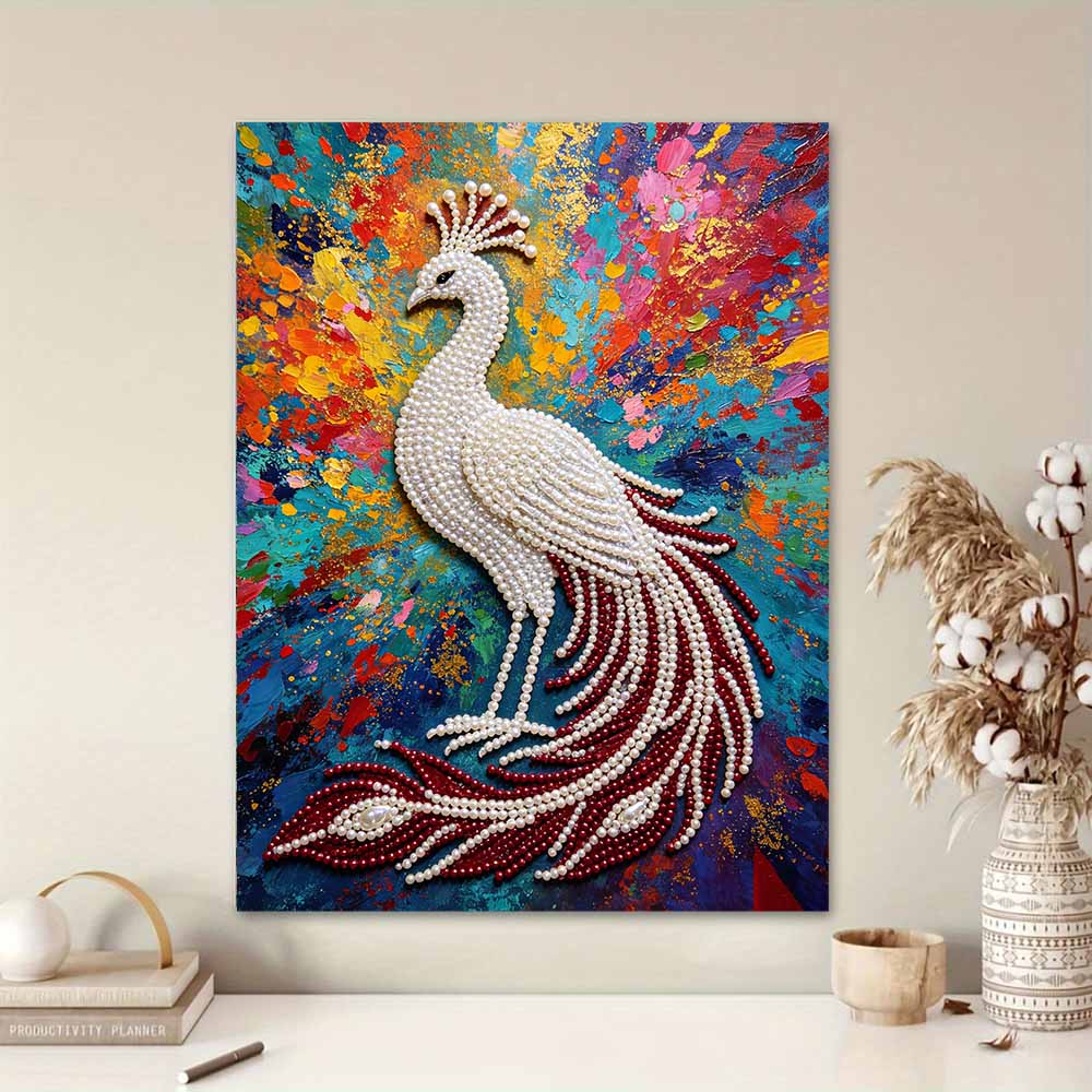 DIY Pearl Gem Colorful Peacock Shining Bead Craft Art Home Wall Ornament Simple Unframed Room Decoration Art Modern Elegant Bird Painting