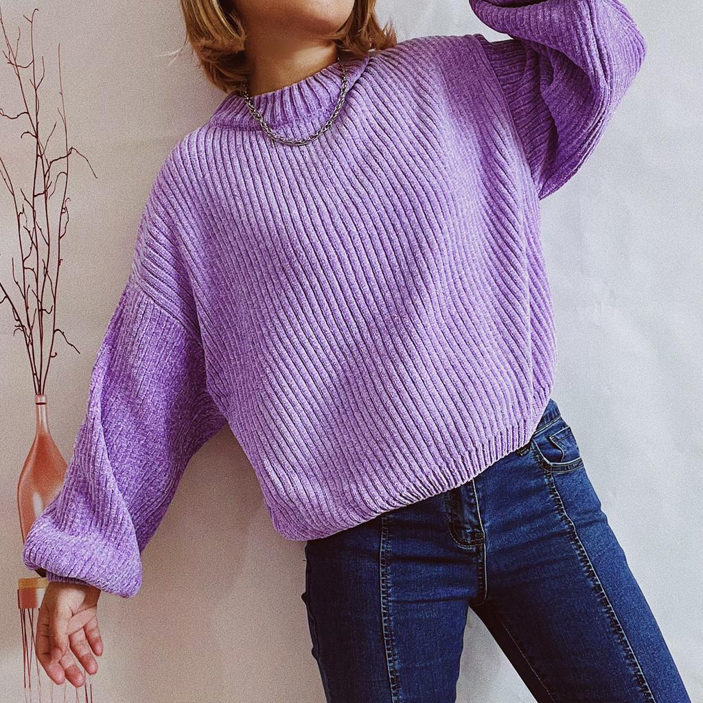 Autumn and Winter New Women's Solid Color Casual Shirt Round Neck Lantern Sleeve Short Knit Pullover Sweater Woman