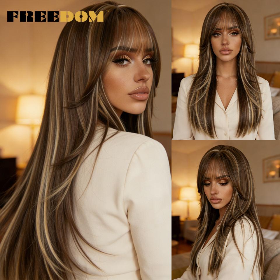 FREEDOM Synthetic Lace Front Wigs For Women Straight Layered Pre-cut Lace Wig With Bangs 20" Ombre Brown Blonde Pink Cosplay Wig