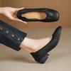 Schwarze Damen-Einzelschuhe mit dickem Absatz 2025 neu vielseitig Arbeit flache Sohle beladene Schuhe große Größe Karriere Vorstellungsgespräch weiches Leder Arbeitsschuhe