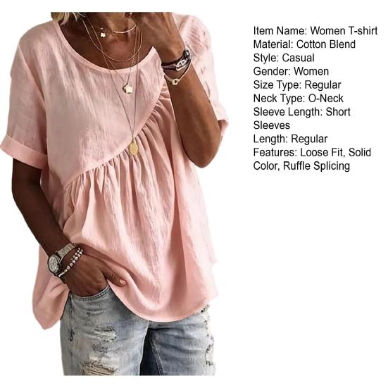 Damen-T-Shirt mit Rundhalsausschnitt, kurzen Ärmeln und Rüscheneinsatz, einfarbig, locker geschnitten, lässiges Sommertop