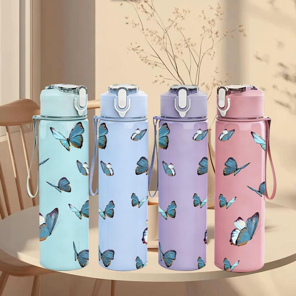 1PC Multiple Blue Flying Butterfly Pattern 750ml Color Plastic Sports Water Bottle Leakproof Flip Straw Lid Suitable for Sports Office Home Use