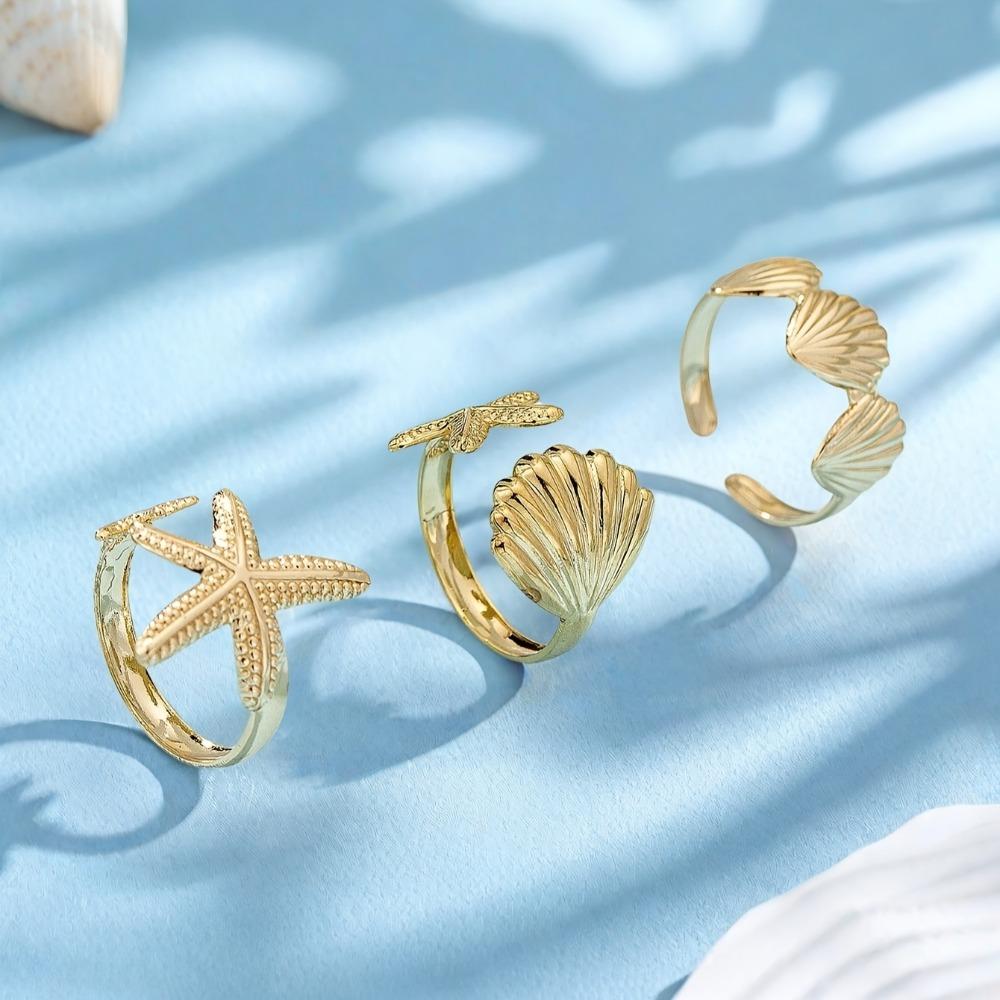 3pcs Bohemian Golden Ocean Style Ring Set Adjustable, Shell Starfish Designs Open Rings Set Women Travel Beach Ring Zircon
