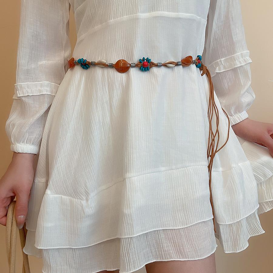 Vintage ethnic wind wood bead woven fringed waist chain bohemian belt clothing