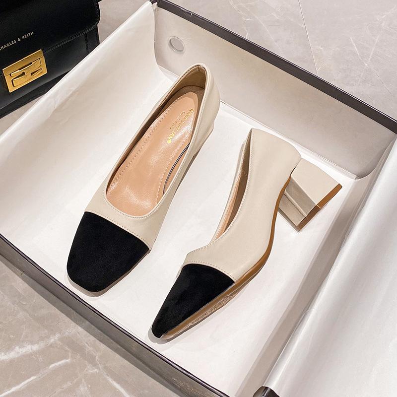 Fashion Square Toe Mixed color high heels shoes woman  designer soft leather pumps thick heel OL tacones female chunky work shoes