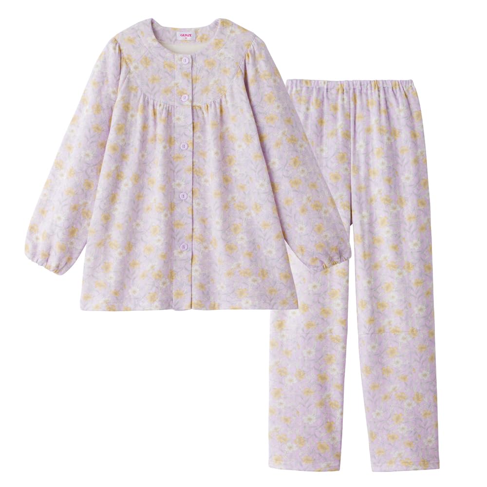 Gunze HOT MAGIC Thermal Long Sleeve Pants Elastic Sleeve and Leg Soft Purple Women's Double-Waist Pajamas, (with Holes), Quilted, (TG4174)