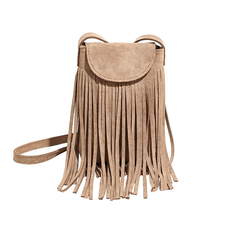 2025 Autumn Retro Matte Suede Fringed Mobile Phone Bag Women's Fashion Trendy Temperament Suede Single Shoulder Messenger Bag