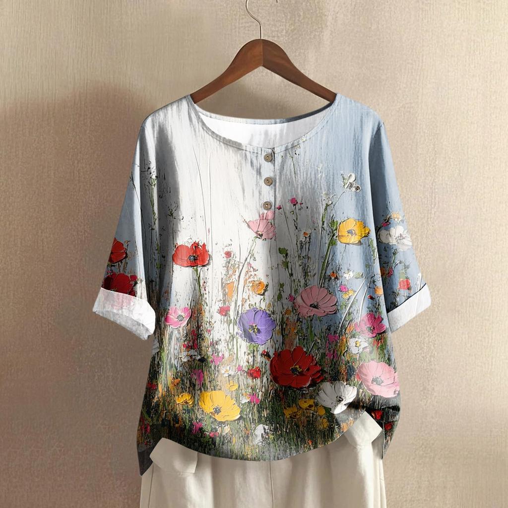 Women's Fashionable And Casual Shirt Half-sleeve Round Neck Print Cotton And Linen Blouse Top
