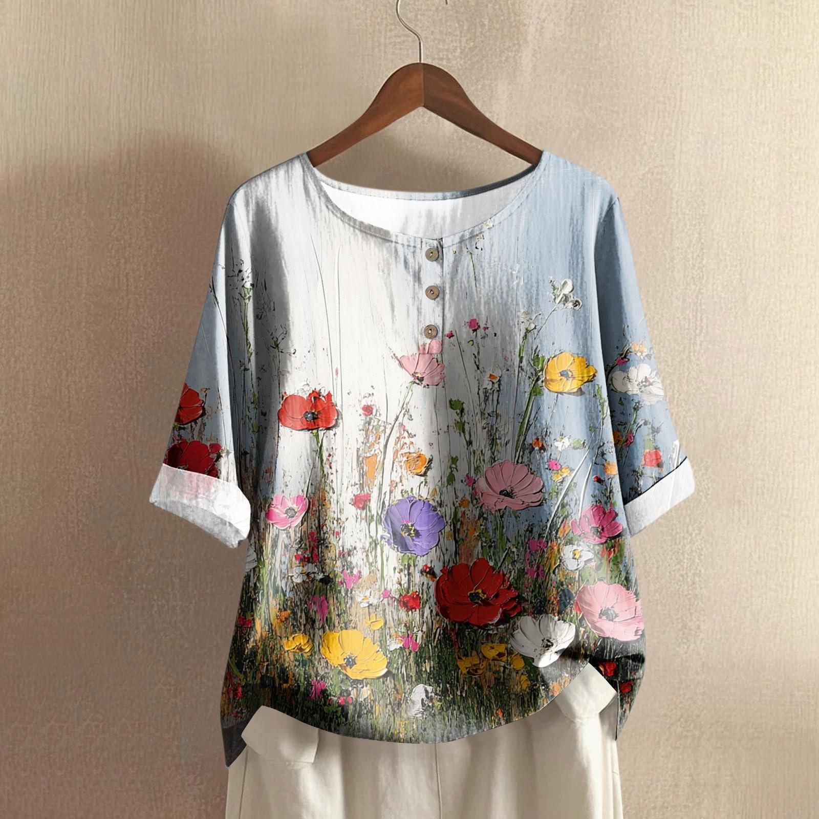 

Женская модная и повседневная рубашка с полурукавом, круглым вырезом, принтом, из хлопка и льна, блузка-топ XL белый