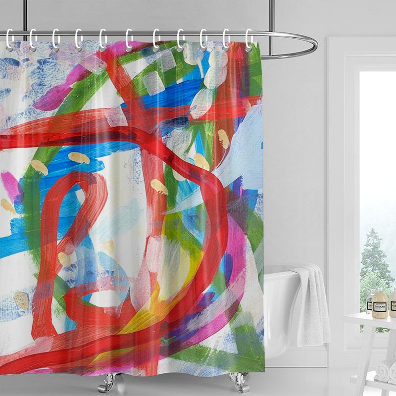 Abstract Handprint Shower Curtain - White with Colorful Geometric Shapes, Waterproof with Grommets, Modern Bathroom Decor