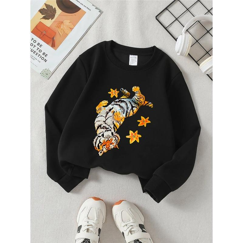 Girls' Crewneck Sweatshirt - Tiger Lying with Stars Machine Washable, Spring And Autumn, Sportswear And Casual Wear