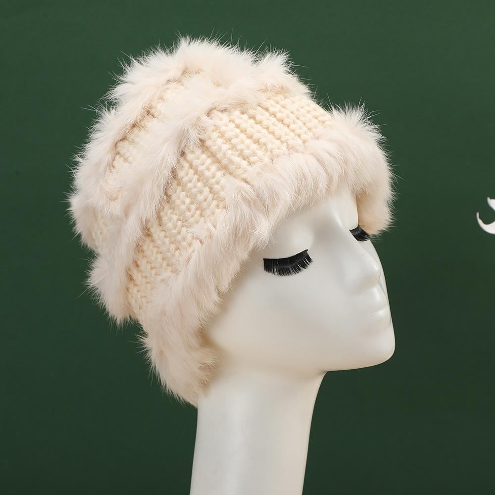 

Women s Plush Cold Proof Knitted Beanie Simple Rabbit Fur Bucket Hat Fashion Trendy Warm Knitted Hat бежевый