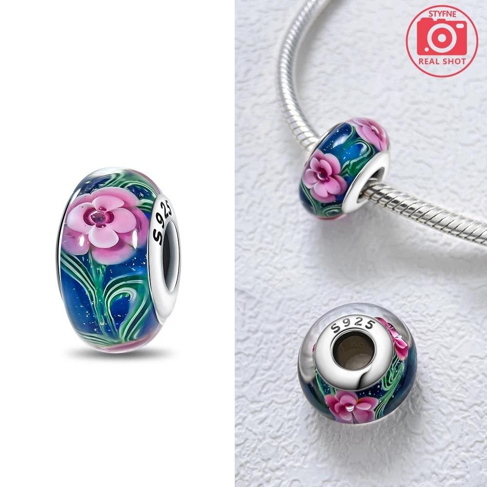 Original Rosa Glasperlen Blaue Romantische Perlen 925 Silber Charms für Frauen DIY Schmuckherstellung Armband Passend