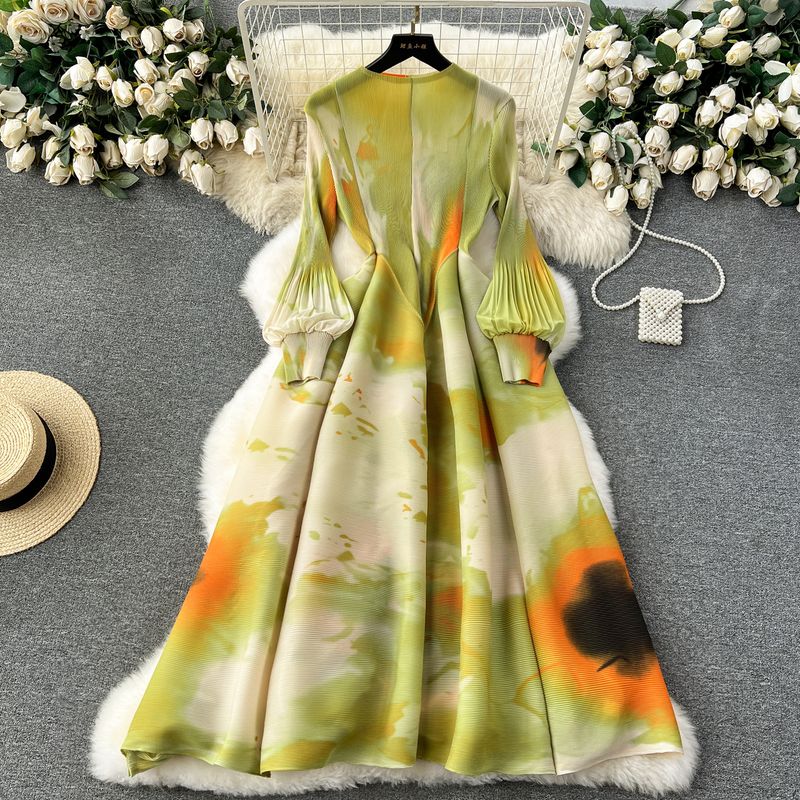 

French Fancy Dress Female Accessible Luxury Heavy Industry Ruched Silm Long Design Smudges Print Formal Dress Fruit Green All yards