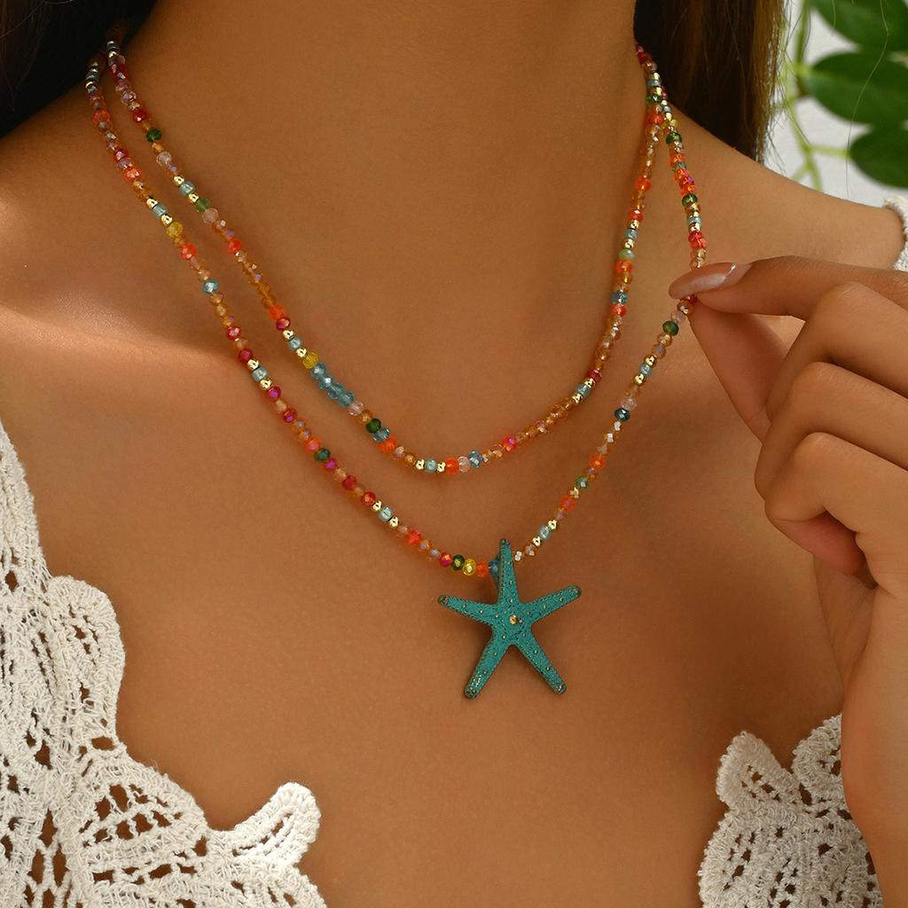 Autumn and winter color imitation crystal starfish necklace, bohemian woven beaded double-layer collarbone necklace for women