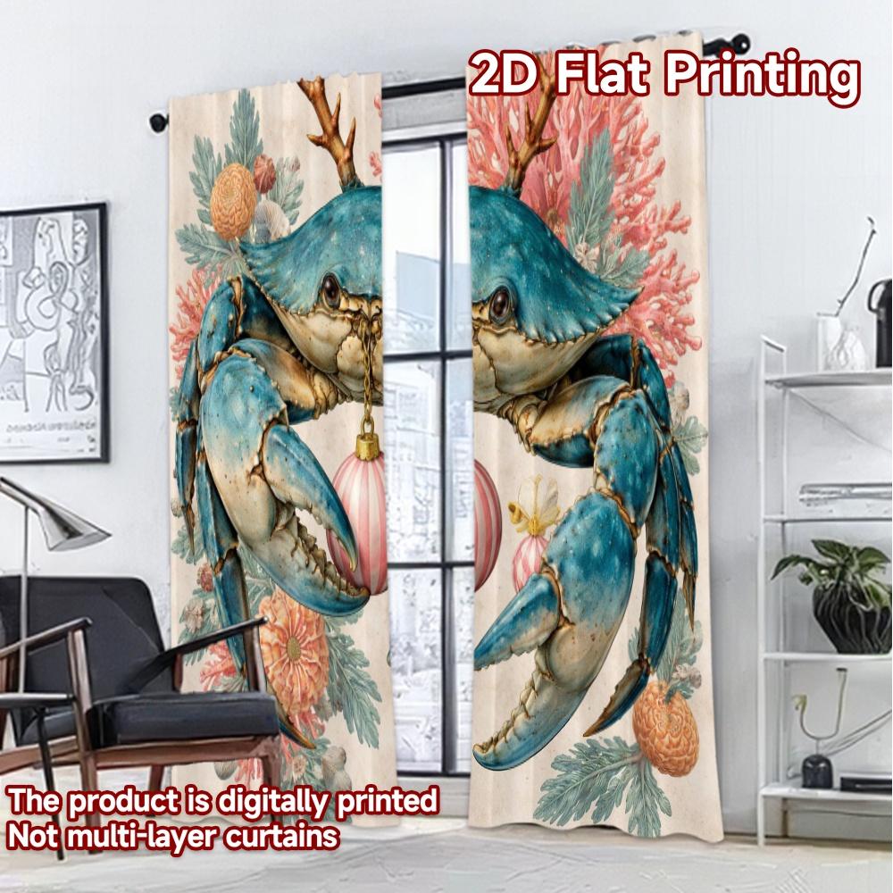 2D FLAT PRINTING 2pcs Curtains (Without Rod) Christmas Crab and Coral Modern Curtains Digital Printed Durable Polyester Curtains