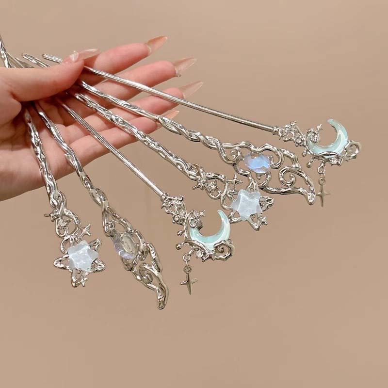 Neuer chinesischer Stil Mondstein Stern Haarstab für Frauen Vintage Metall Flüssige Haarnadel Haarnadel Haarstäbchen Haarschmuck