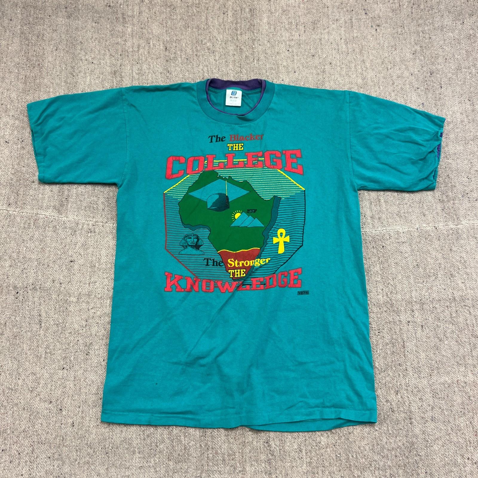 Vintage Black College Shirt Mens Large Blue 1990s Stronger Knowledge Unisex T-Shirt L