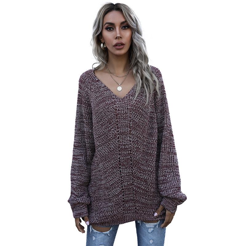 Vintage Fashion Elegant Casual Autumn Women's Mid-length Mixed Color Long-sleeved Loose V-neck Sweater
