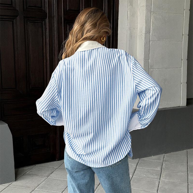 Women Spring Fall Button Down Stripes Shirt Casual Loose Collared Long Sleeve Oversized Blouse Shacket
