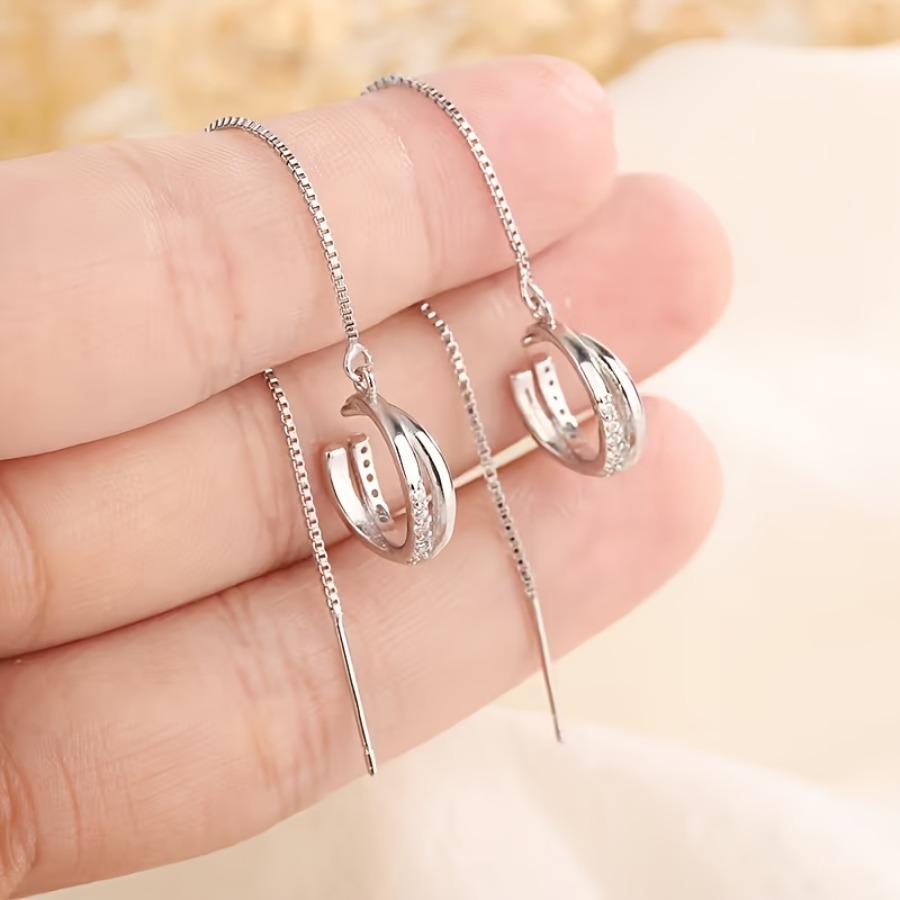 2pcs Set Women's Fashion Pendant Earrings, Long Tassel Lightweight Drop Earrings, Inlaid with Synthetic Synthetic Zirconia