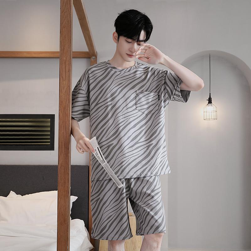 Men's Pajamas set Short-Sleeve tops and Shorts Sleepwear Loungewear Students Two-Piece Striped Youth Nightwear y2k Homewear male