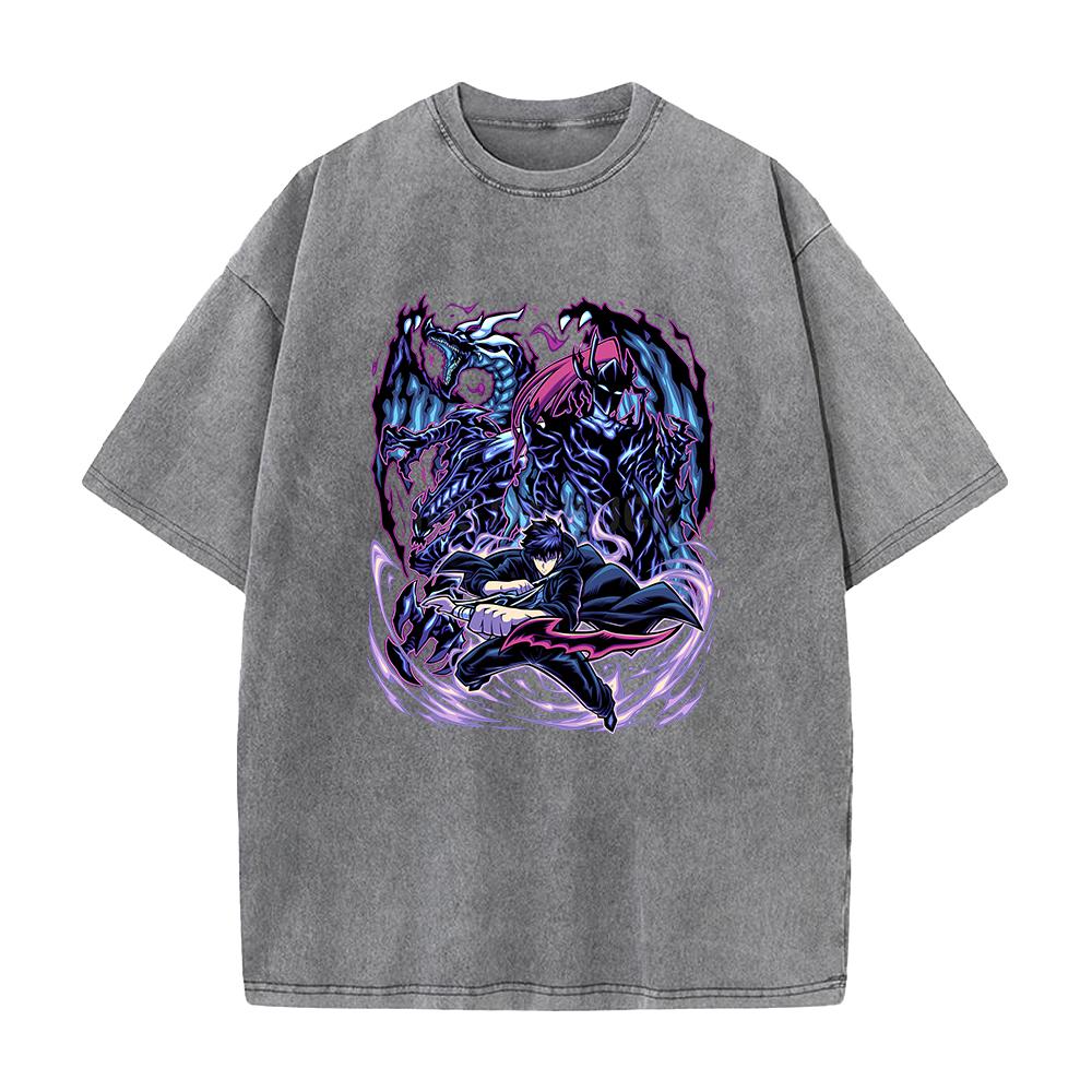 Anime Solo Leveling Sung Jin Woo Beru Print Washed Tee Men High Quality Cotton T-shirts Oversized T Shirt Harajuku Male Tshirt